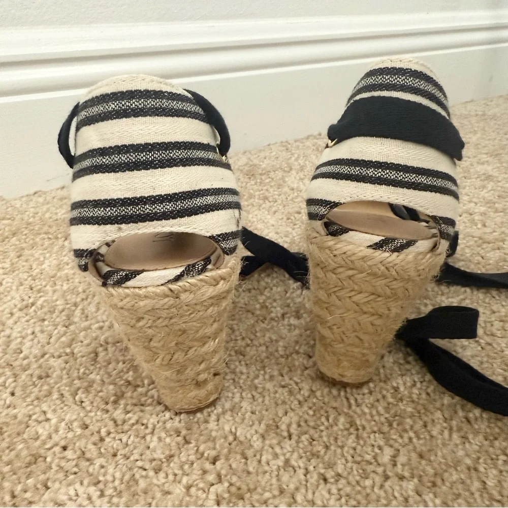 New J. Crew Size 6.5 Espadrille Wedges Ankle Wrap Black Cream Stripe Shoes